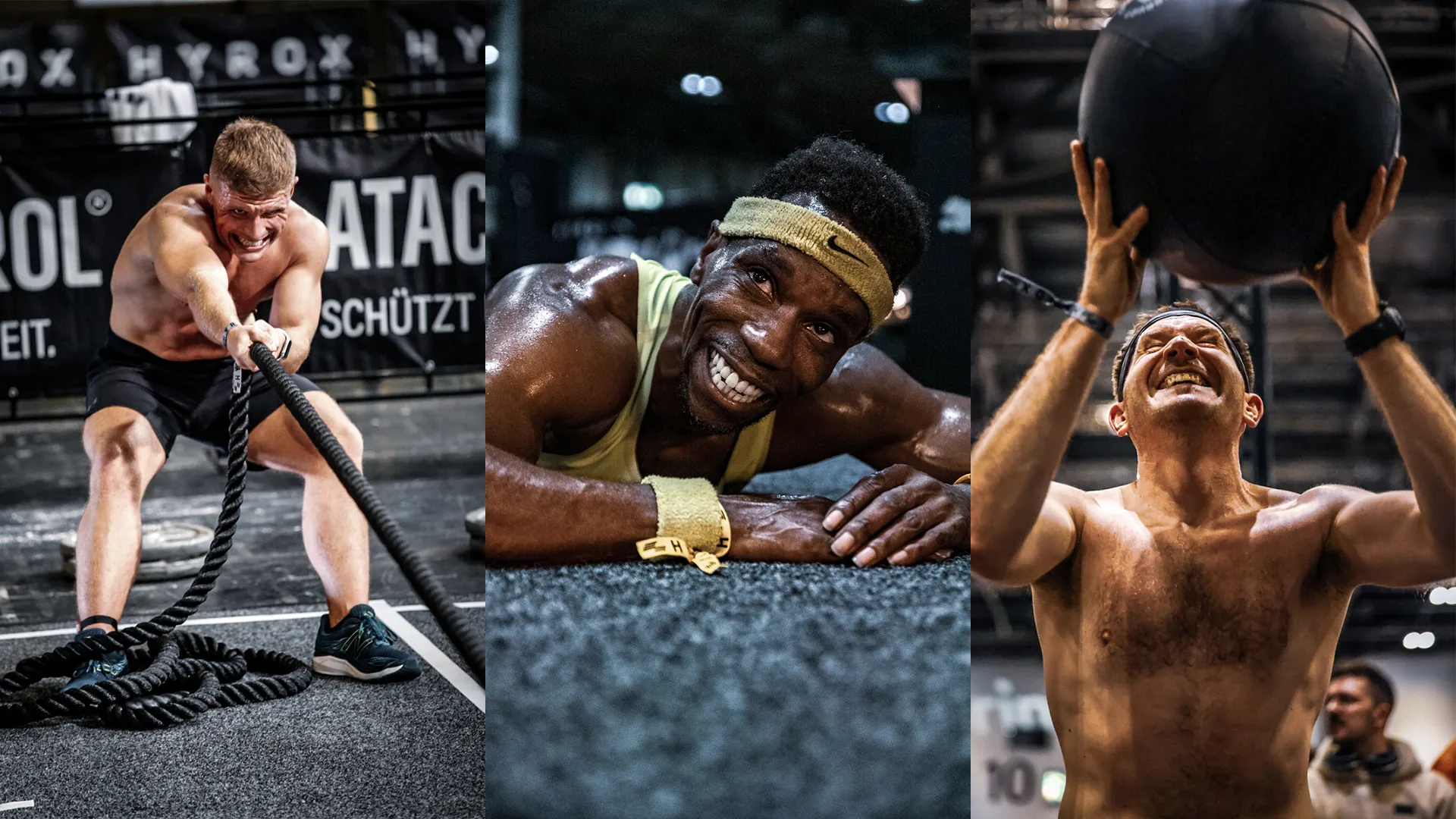 HYROX athletes pulling ropes, resting between stations, and pressing a wall ball overhead